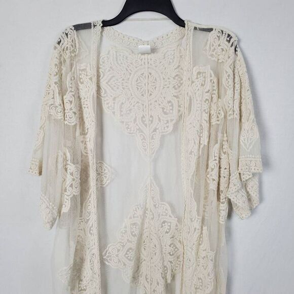 Ivory Lace Medium Large Open Front Cardigan Cover Top - Picture 3 of 9
